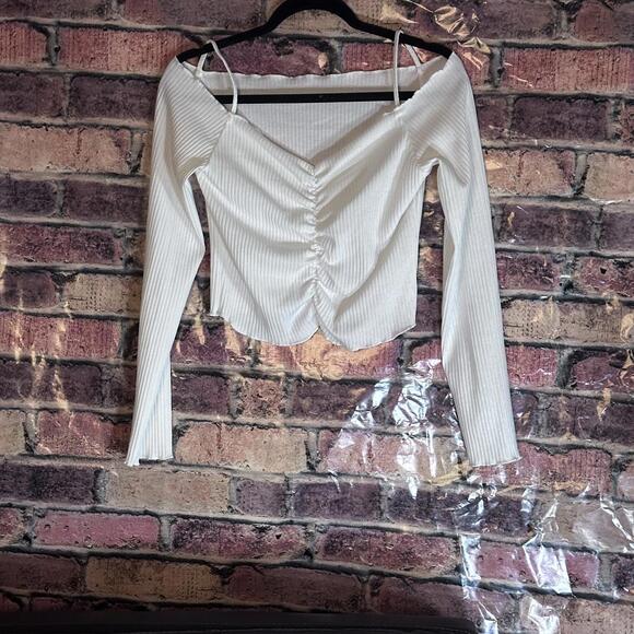 White Ribbed Ruched Off-Shoulder Long Sleeve Crop Top - Picture 2 of 15